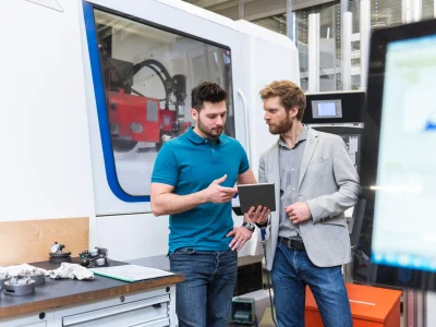 Dos hombres conversando frente robot