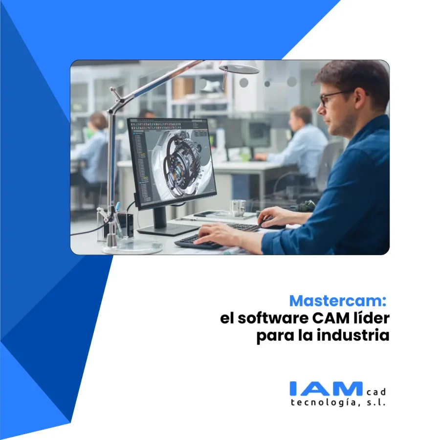 Programador CAM frente a pantalla ordenador y oficina de fondo. Logo IAM y una frase