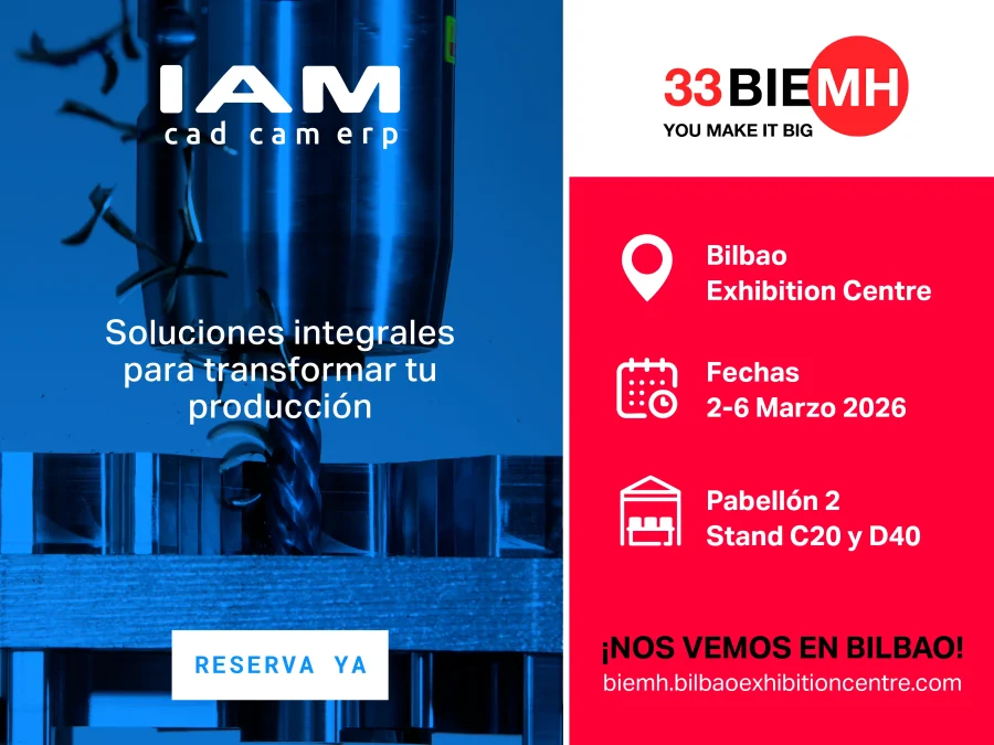 Banner feria BIMEH con logo feria y IAMCAD. Imagen de maquina mecanizando y texto informativo.