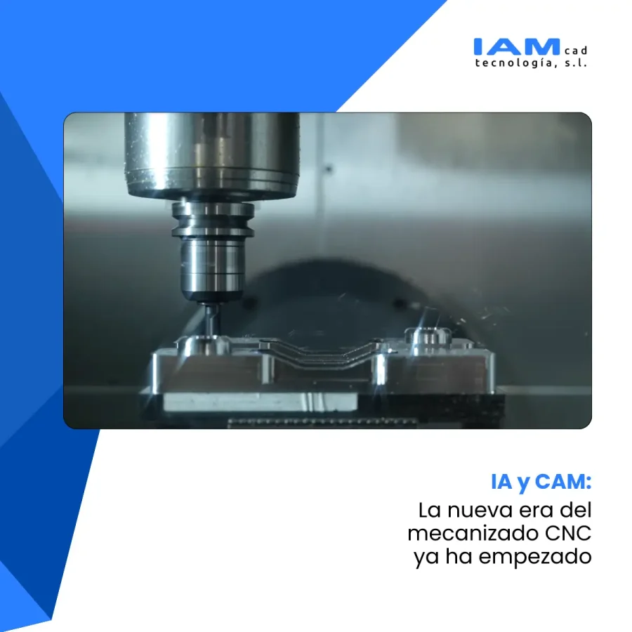 Maquina mecanizando, claim y logo IAMCAD