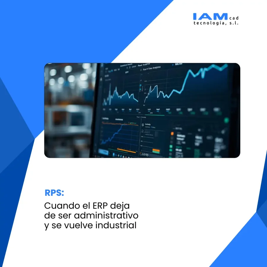 Pantalla ordenador con un software de ERP indsutrial y un claim y un logo de IAMCAD