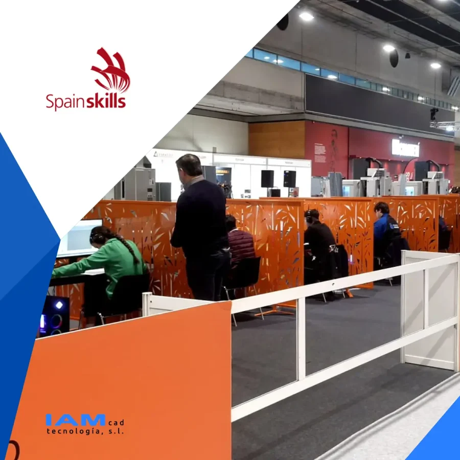 Imagen de participantes frente al ordenador en Spainskills y los logos de IAMCAD y de SPAINSKILLS.