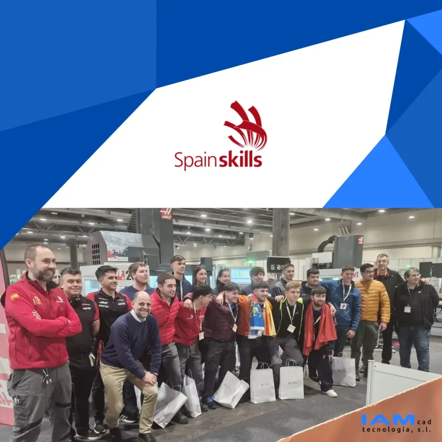 Imagen del grupo que ha participado en Spainskills y los logos de IAMCAD y de SPAINSKILLS.